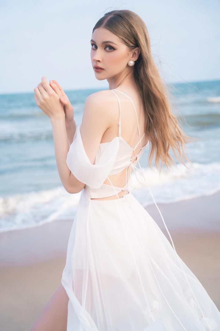 DARLING DIVA Đầm tơ cúp ngực đan dây lưng dài Loli Dress