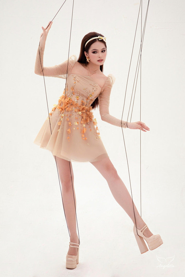 Angeletta Đầm tay dài dáng chữ A đính hoa 3D Canary Dress