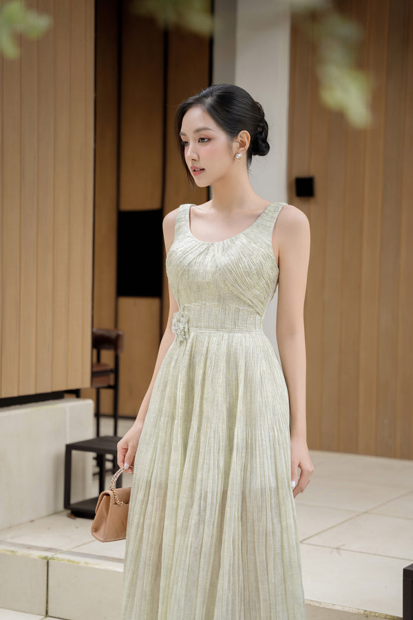 BONNIE DRESS - Soft Pleated Pastel Maxi Dress with Waist Detail