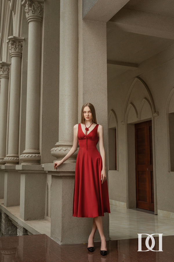 Crimson Dress - Đầm Lụa  Midi Dáng Xòe Cổ V