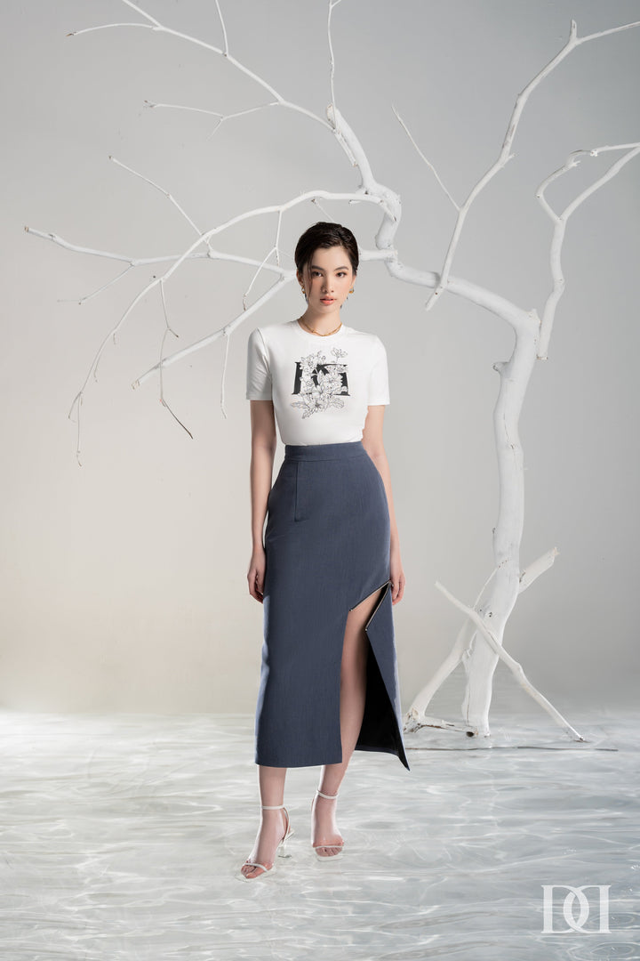 DARLING DIVA Áo in họa tiết 3D Vạt Xòe & Chân Váy Bút Chì Xẻ Cách Điệu Khóa Kéo Baylis Set
