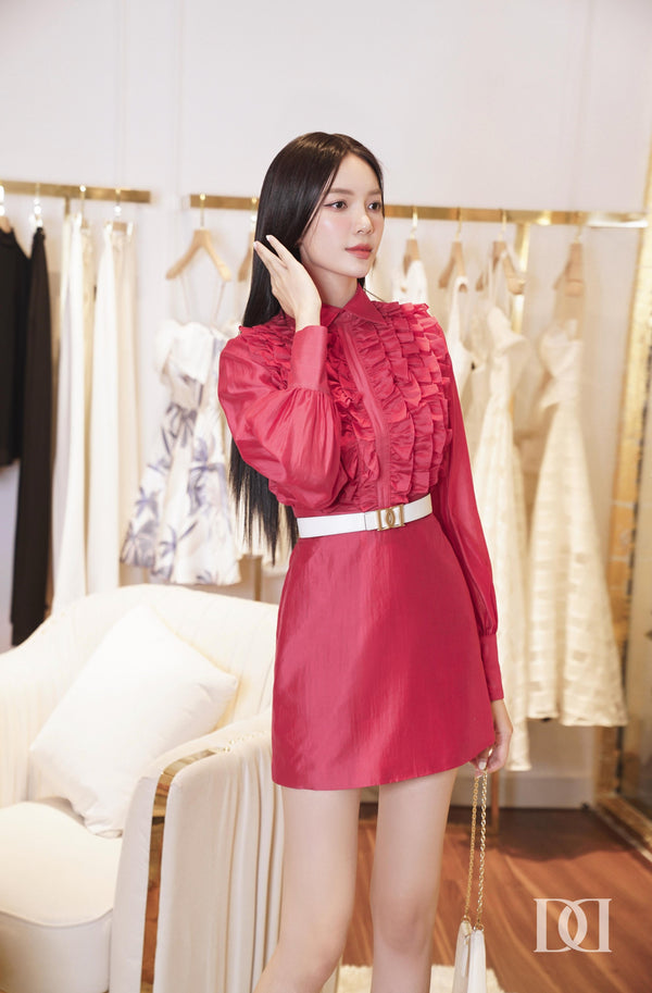 Đầm dài tay form dáng chữ A họa tiết bèo nhún Yumie Dress