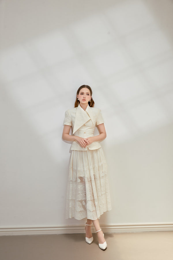Xian Set - Áo gấm xốp cách điệu cổ áo bẻ & chân váy ren midi xòe