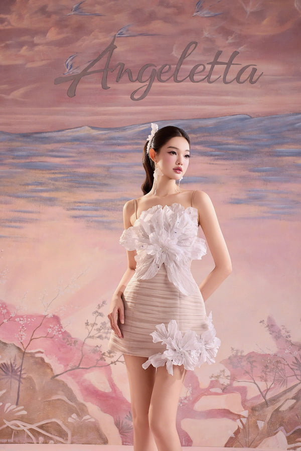 DARIUS DRESS - ĐẦM 2 DÂY TAFFETA XẾP LY LƯỚI ĐÍNH HOA
