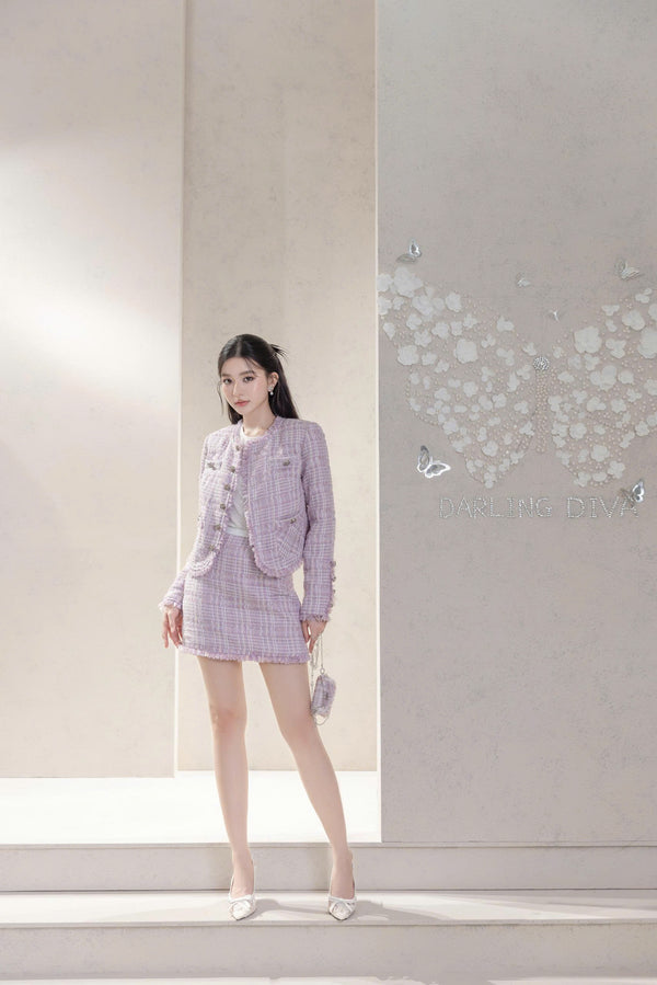 SION SET - Set Tweed Tím Cổ Tròn Dáng Ngắn Đính Cúc Ánh Kim Sang Trọng