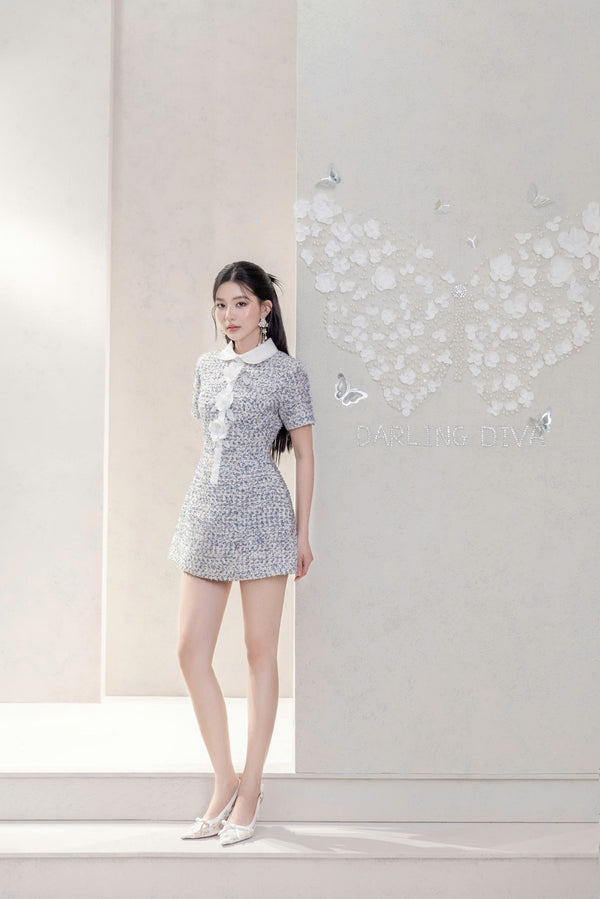 KATARINA DRESS - Đầm Tweed Xanh Cổ Trắng Đính Hoa Nổi Nữ Tính