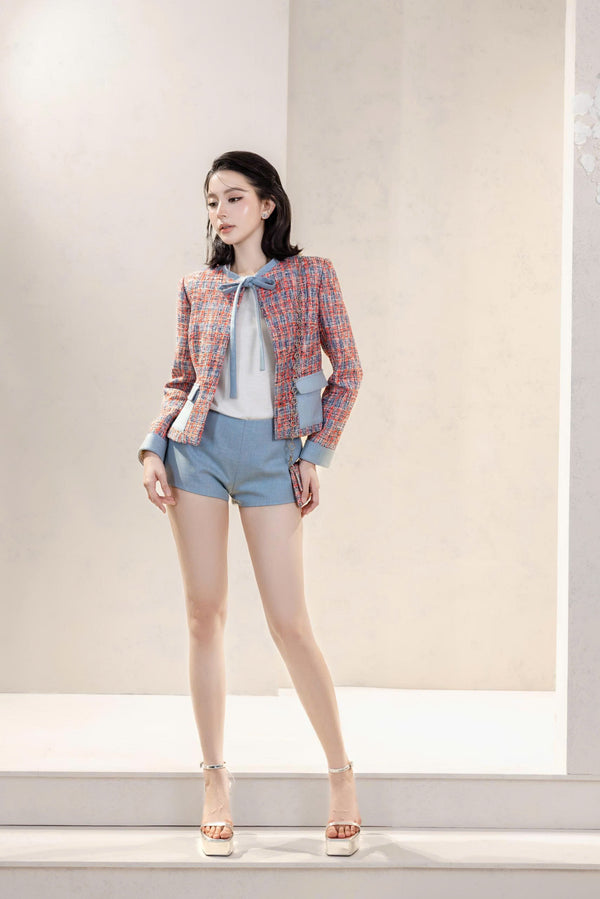 LACEY SET & IVANNA TOP - Set Áo Khoác Tweed Dáng Ngắn Thắt Nơ Thanh Lịch & Quần Short Xanh Pastel Năng Động