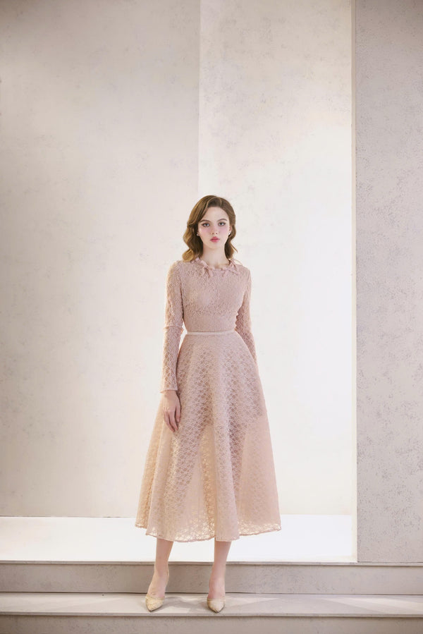 LUDI SET - Set Áo và Chân Váy Ren Hồng Pastel Dáng Dài