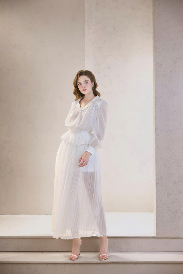 ARTEMIS SET - Đầm Trắng Dài Tay Chất Liệu Voan Xếp Li Cao Cấp