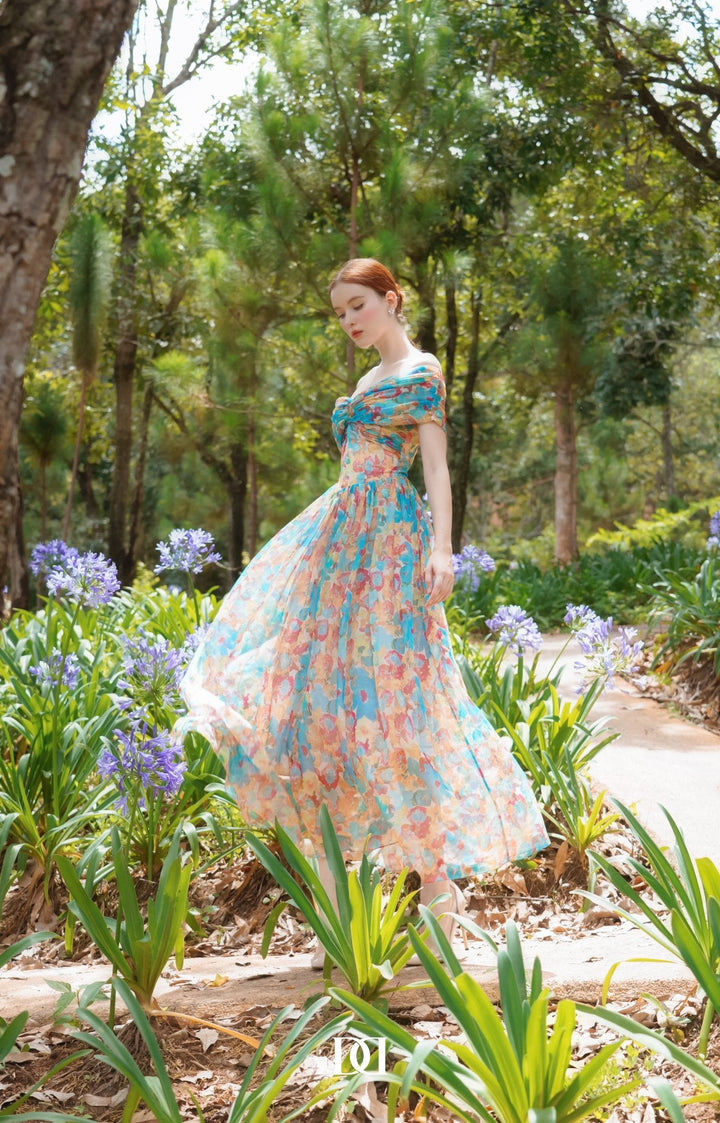 DARLING DIVA Cosmos Drop Waist Heart Neck Chiffon Maxi Dress