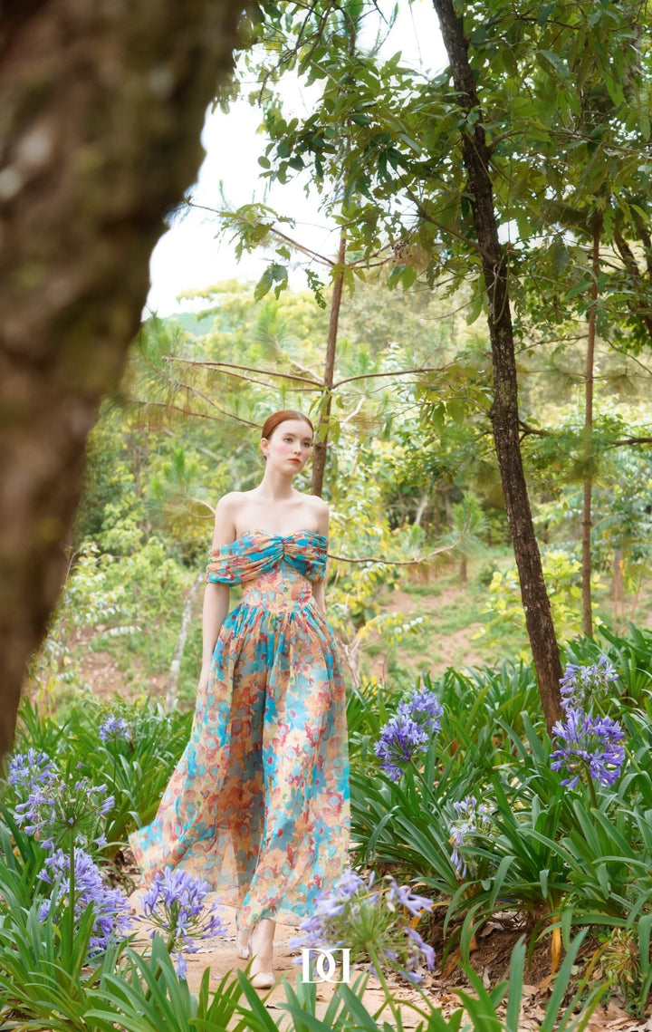 DARLING DIVA Cosmos Drop Waist Heart Neck Chiffon Maxi Dress